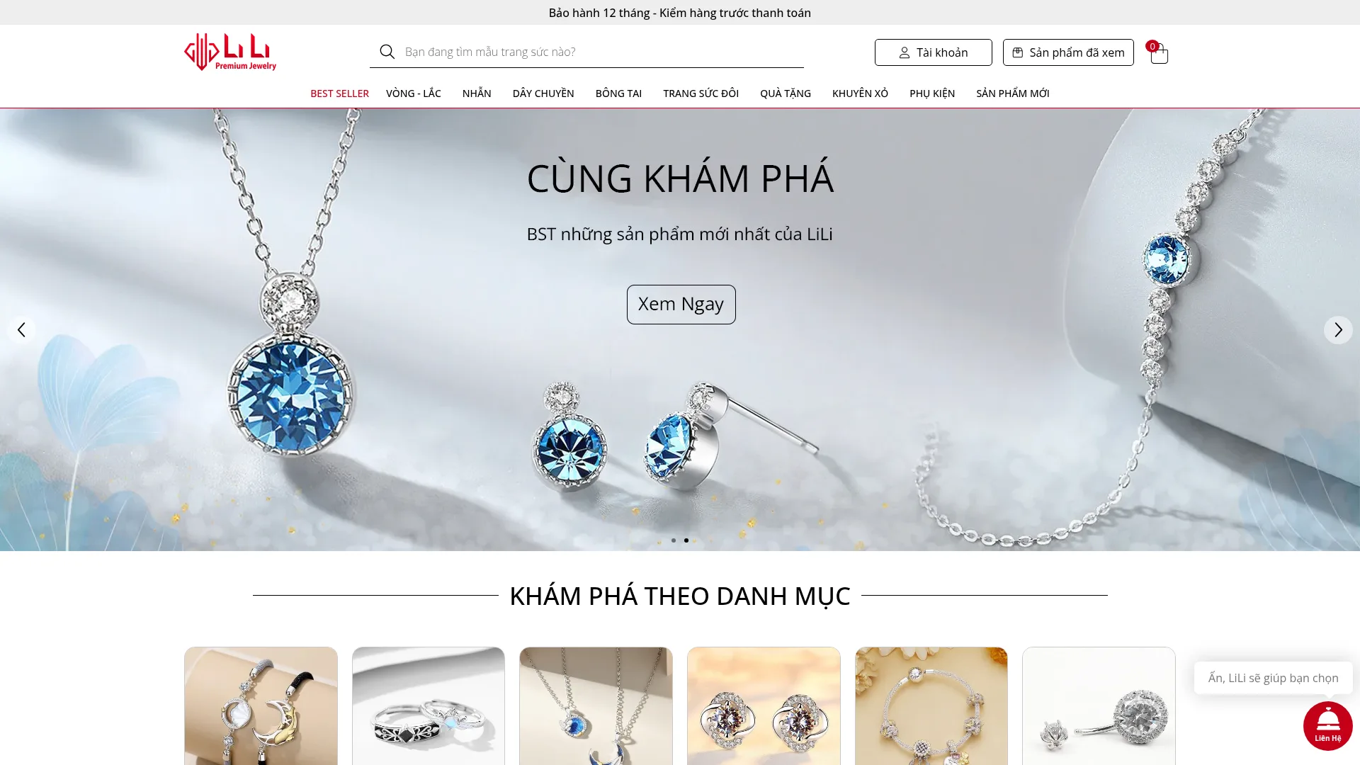 Lili premium jewelry ecommerce homepage and product categories